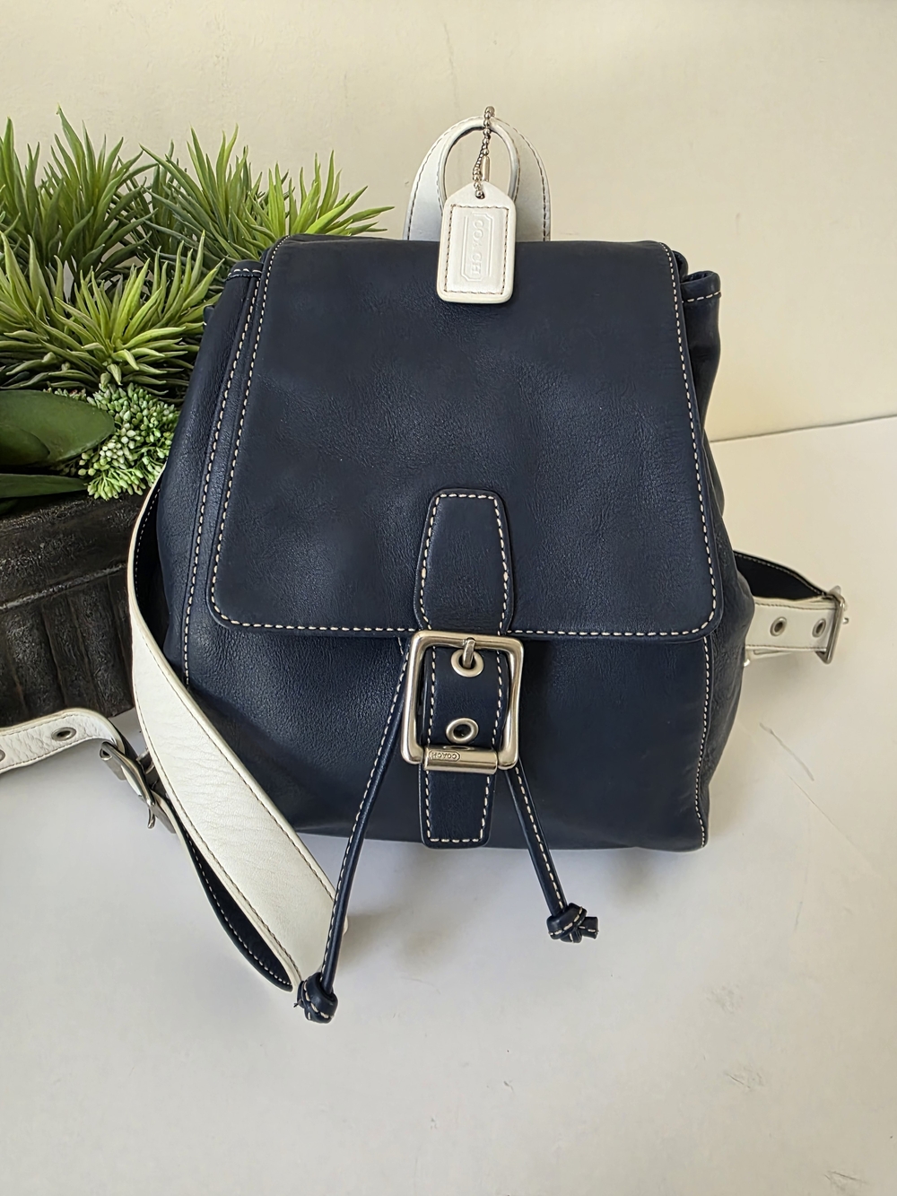 Vintage Coach Legacy Soft Small Backpack Navy White Leather